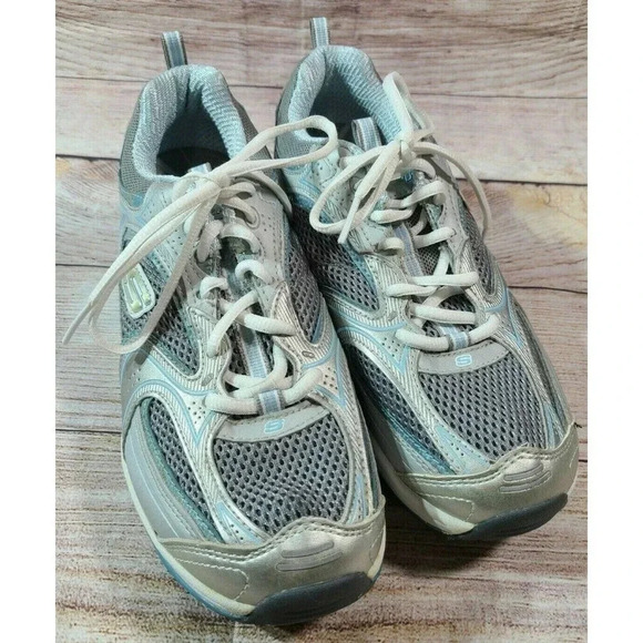 Skechers Shape Ups Women's Walking Toning Shoes Size 8 Gray Silver Blue Fitness - Picture 2 of 9